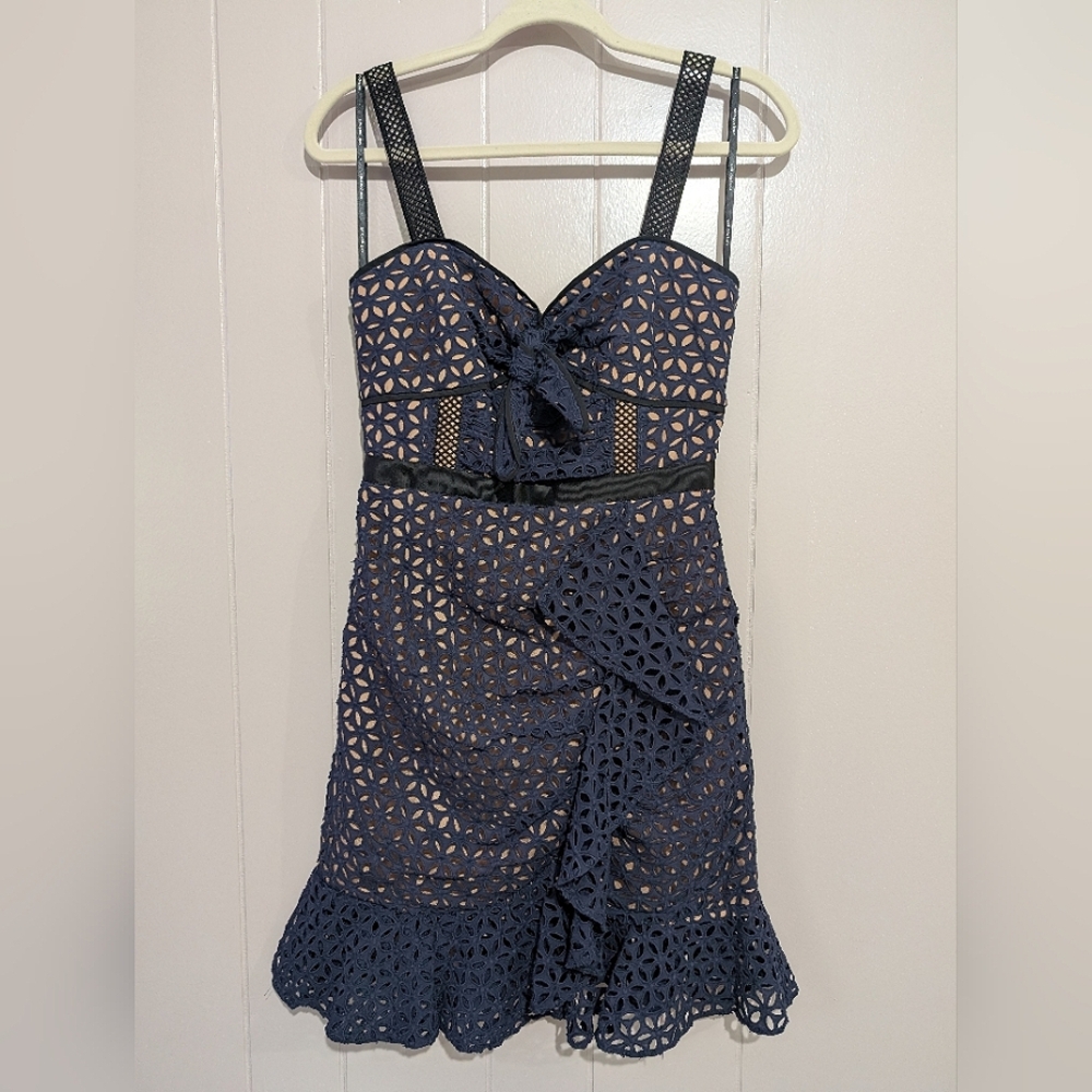 SELF-PORTRAIT Navy Petal Broderie Dress Size US 4 - Picture 4 of 12